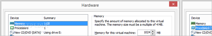 Showing the VMware Workstation memory and processors customization
